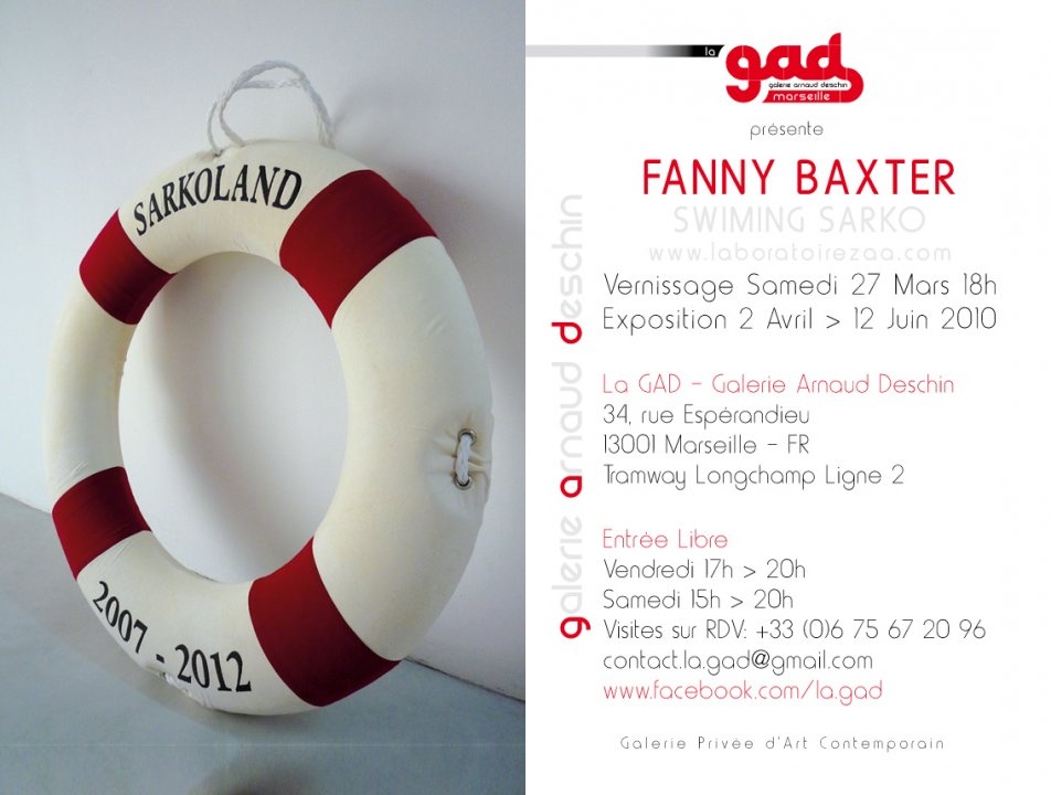 Carton d’invitation recto verso — Fanny Baxter, Swimming Sarko, 2010