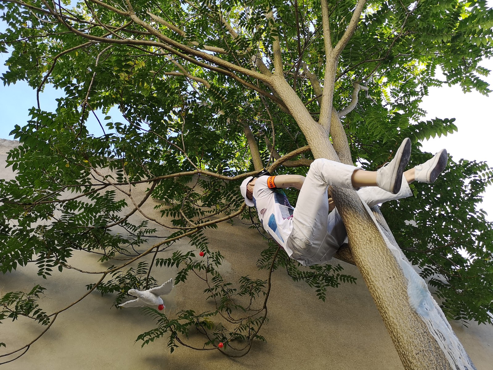 En gare ! — figure suspendue dans un arbre de la cour
