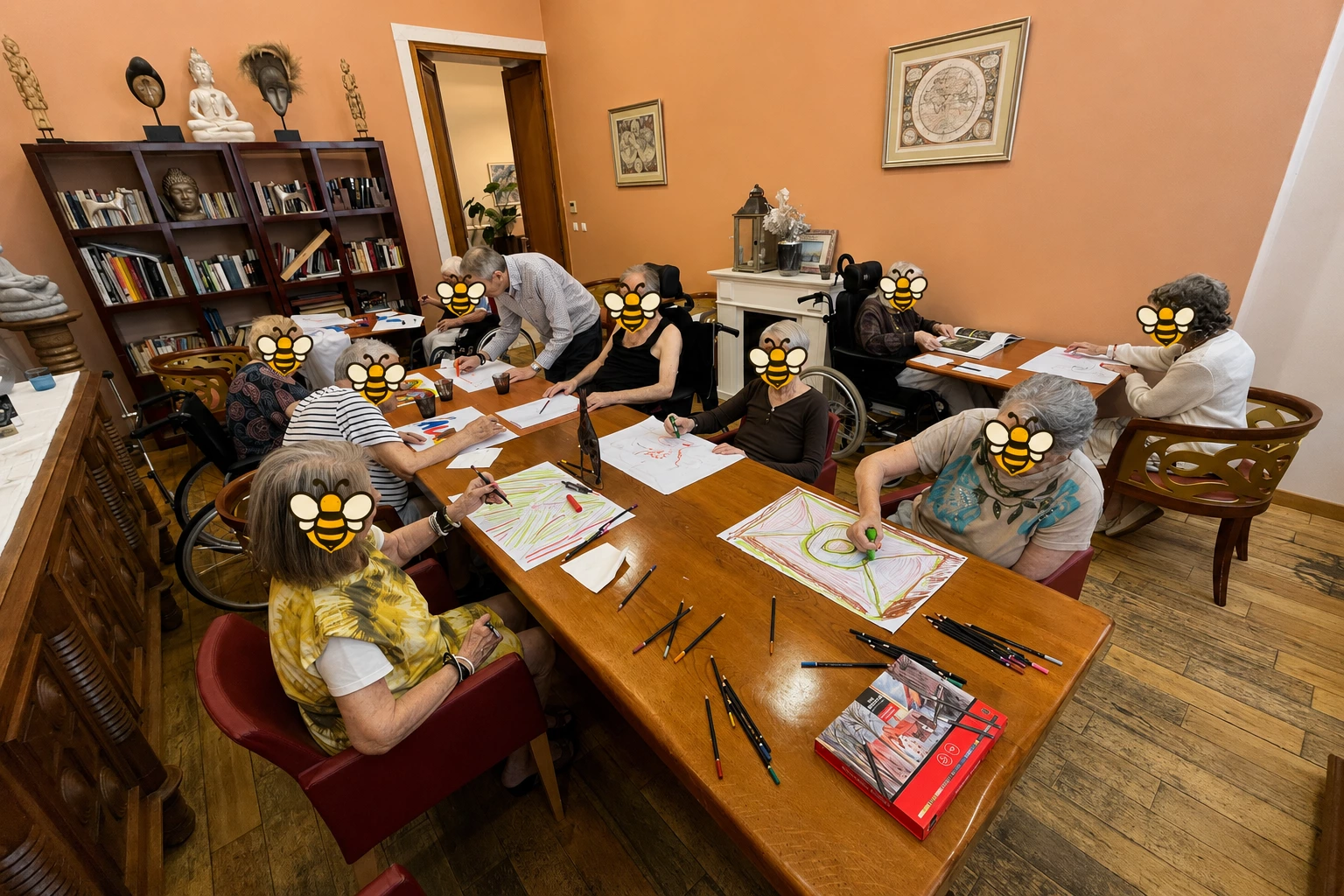 Participants en création autour d’une table, visages protégés par des abeilles