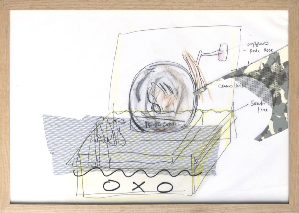 Laura Porter, Five Cents Sketch, 2015 — Crayon, tulle, marqueur sur papier calque, 42 × 29,7 cm. Unique.